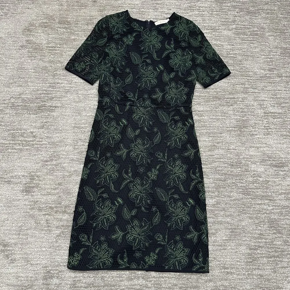 Tory Burch Dress Womens 4 Blue Green Floral Lace Sheath Short Sleeve Lined Mesh